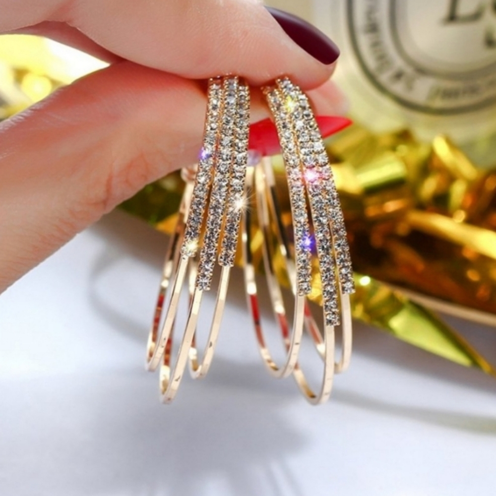 NEW YELLOW GOLD ROUND DIAMOND THREE LAYER HOOP EARRINGS - Picture 5 of 6
